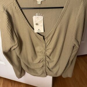 Women's Ribbed V-Neck Top - Beige